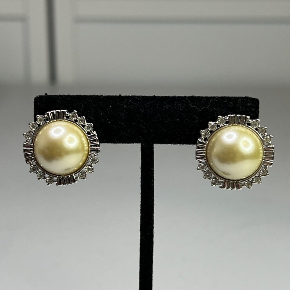Vintage KJL Kenneth Lane Faux Pearl & Rhinestone Earrings - Picture 4 of 7